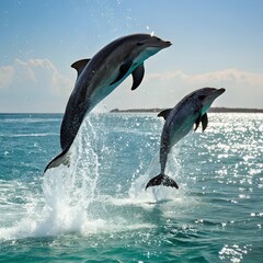 Two dolphins are jumping in the water in a playful and joyful mood.
