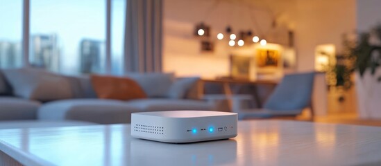 A modern device on a table in a stylish living space, indicating technology use at home.