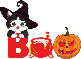 boo black cat witch pot pumpkin text art