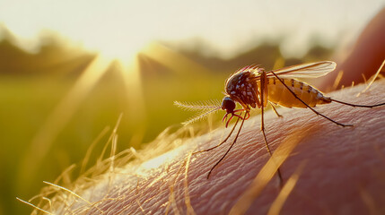 Fototapeta premium Close-up of Mosquito Feeding on Human Skin During Sunset with Sun Rays in Background
