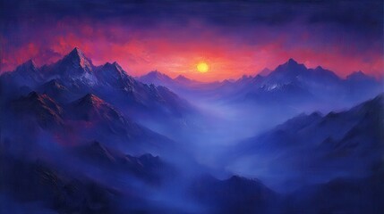 Obraz premium Vibrant Sunrise Over Majestic Mountain Range - Oil Painting Artwork Depicting Colorful Peaks and Sky