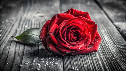 Vintage Red Rose Closeup, Black & White Wood Background, Still Life Photography