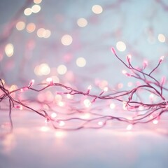 Fototapeta premium Glowing Festive Lights and Garland on Blurred Winter Background