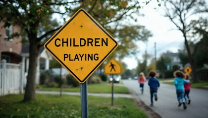 Children Playing Road Sign Warning Safety Kids Street