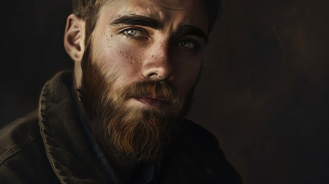 A man with a beard and green eyes stares intensely at the camera.