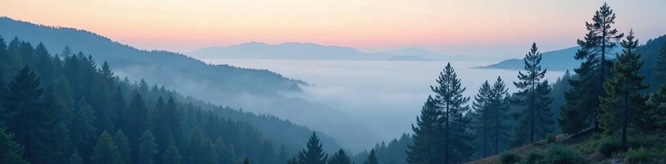 Foggy morning in a pine forest with misty valleys, morning, landscape, fog
