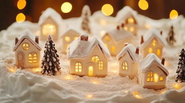Illuminated snow-covered village houses, miniature Christmas scene.