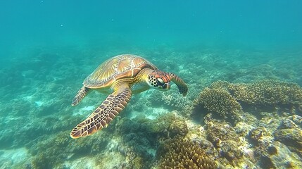 Fototapeta premium Underwater view of a sea turtle swimming near a coral reef.