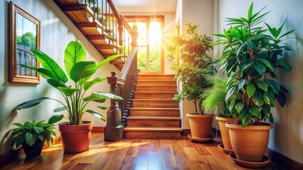 Welcoming Hallway Portrait Photography: Wooden Stairs, Potted Plant, Warm Lighting