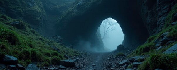 Dark, mysterious cave entrance shrouded in mist, mist, fog, wilderness