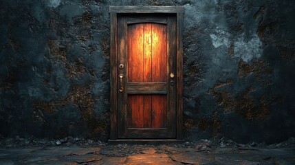 Mysterious Dark Wooden Door Illuminated by Dramatic Lighting in an Eerie Atmosphere