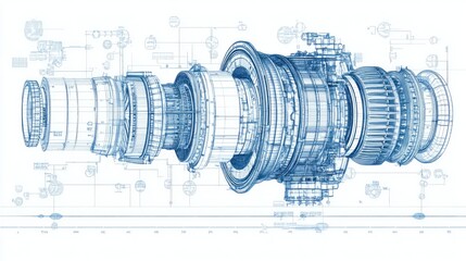 Technical blueprint of a turbine engine showcasing detailed components and design.