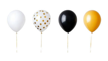 A Collection of Elegant Balloons in White, Black, Gold, and Yellow with Polka Dots on a Transparent Background for Celebration and Party Decorations