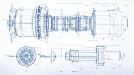 Technical blueprint of a turbine or engine component showcasing design and engineering details.
