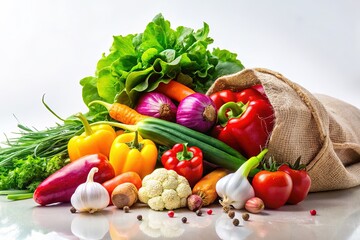 Fresh Vegetables in Reusable Cotton Bag - White Background Stock Photo