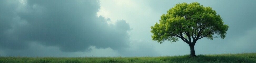 Fototapeta premium Rain drips from leaves of a lone tree under grey sky, cloud, tree