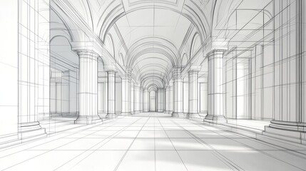 A linear architectural sketch of a grand hall with columns and arches.