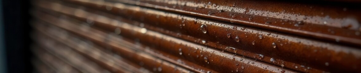 Rain droplets glisten on brown roller shutter, metal, rain, drops