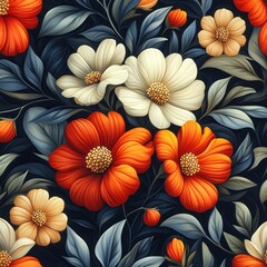 Vibrant Botanical Seamless Pattern with Colorful Floral and Paisley Design Hand-Drawn Illustration