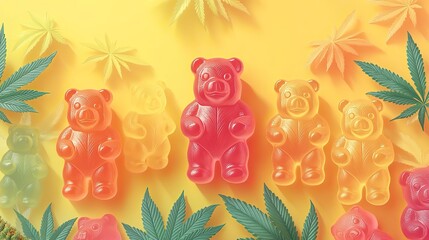 Gummy bears, cannabis leaves, and buds arranged on a bright yellow background. This colorful candy mix with green leaves and buds is suitable for themes related to CBD edibles and cannabis sweets.