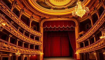 Fototapeta premium Ornate Golden Theater Interior With Red Curtains