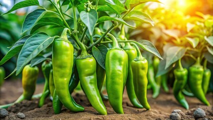 Lush Green Chili Peppers Growing on Plant in Home Garden
