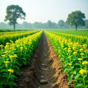 Indian farm with rows of mature cumin plants in the field, herb fields, spices garden, cumin crop