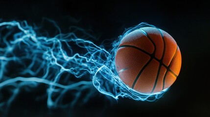 A basketball in motion, surrounded by electric energy effects.