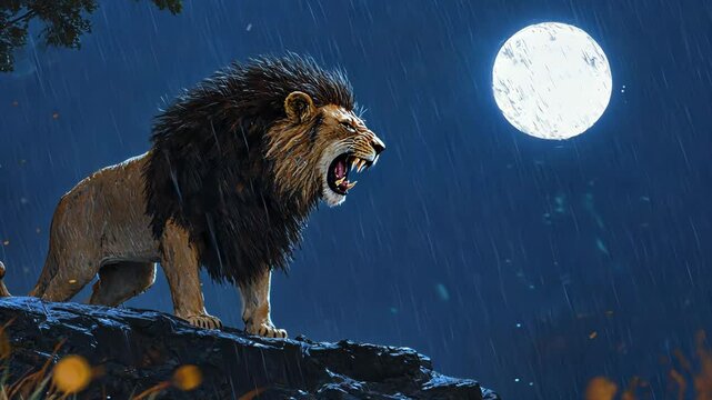 Majestic lion roars under full moon during a rainstorm in the wilderness
