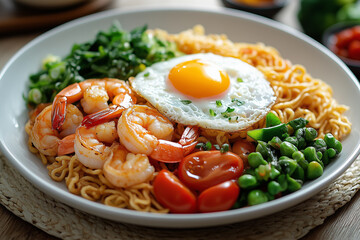 Delicious Shrimp Noodles with Fried Egg and Fresh Vegetables