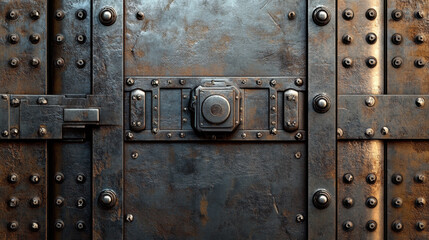 detailed metallic door with smart lock, featuring rugged texture and industrial design. surface is adorned with rivets and weathered finish, evoking sense of security and strength