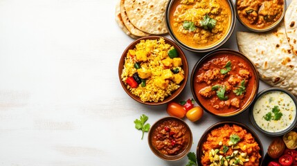 A vibrant assortment of Indian dishes served with bread and rice, showcasing culinary diversity.