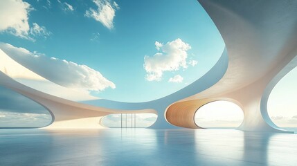 Fototapeta premium Futuristic Minimalist Architecture 3D Render with Car Park and Concrete Floor under Blue Sky