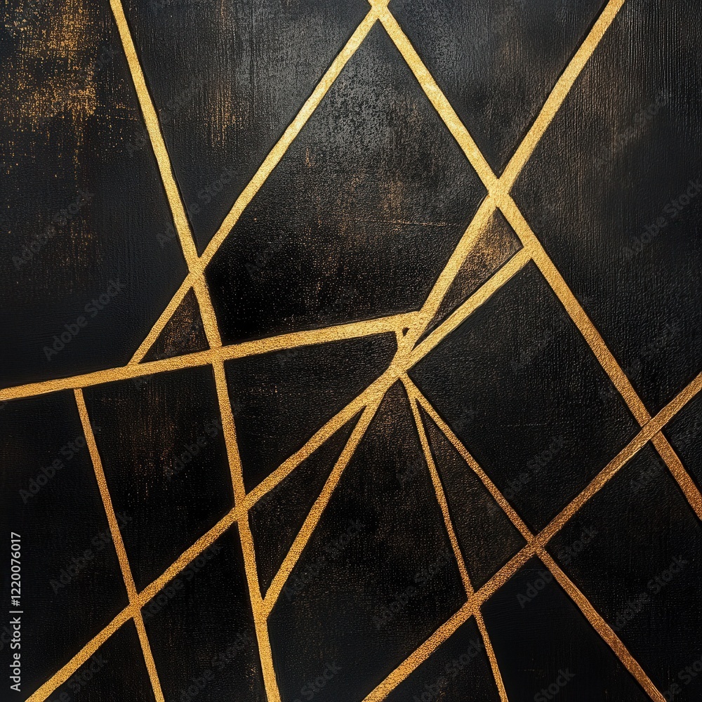 Poster striking geometric patterns intersecting in elegant dark and golden tones