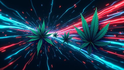 A dynamic marijuana background with flowing lines in vibrant colors, creating an energetic and lively atmosphere. The cannabis leaves are integrated into the motion, enhancing the overall design's ene