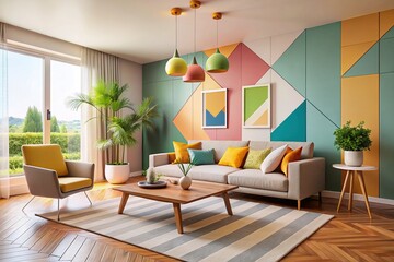 Modern Minimalist Abstract Geometric Living Room Interior Design Stock Photo
