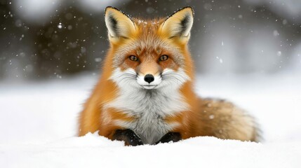 Obraz premium Close-Up of a Majestic Red Fox Resting in a Snowy Landscape Surrounded by Falling Snowflakes, Showcasing Its Stunning Fur and Intense Eyes