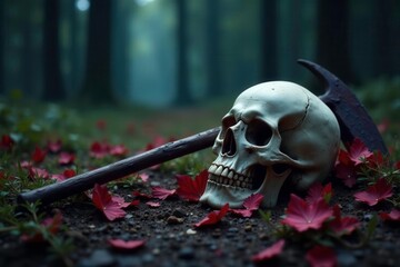 Reaper's scythe lies on the ground near a skull, reaper, funeral, mourning