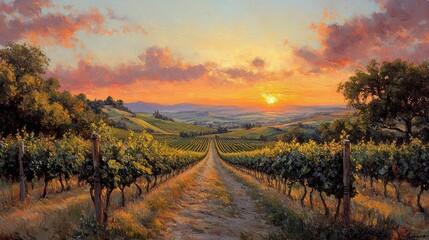 Naklejka premium Sunset Vineyard Landscape in Tokaj Hungary with Rolling Hills and Lush Grape Vines