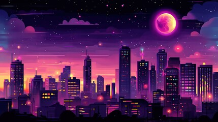 Vibrant cityscape at night with a large pink moon and glowing buildings.