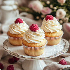 Delicious cream cupcakes topped with fresh raspberries and decorative pearls, perfect for any celebration or dessert table