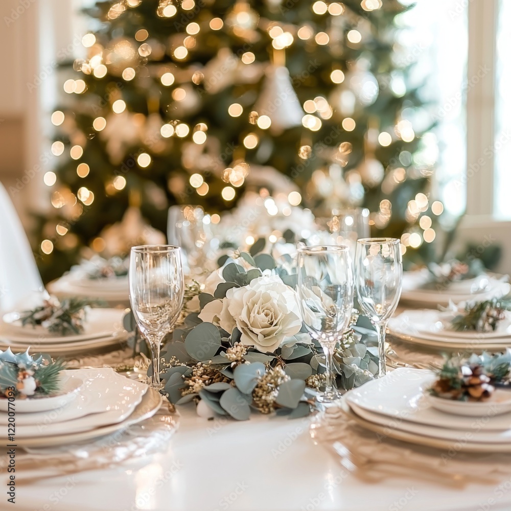 Poster hite table surrounded by a softly blurred christmas tree, creating a charming backdrop for a product