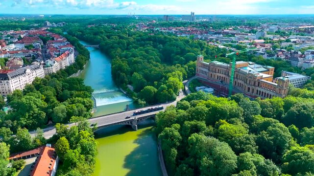 Aerial view of river Isar, St Lukas Kirche and cemtral Munich, Germany, Europe