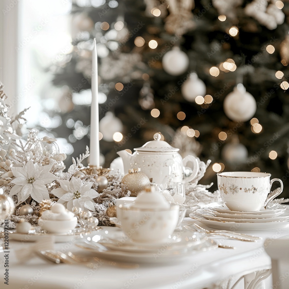 Poster hite table surrounded by a softly blurred christmas tree, creating a charming backdrop for a product