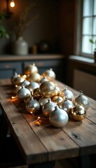 A rustic wooden table filled with sparkling silver and gold ornaments, Rustic Wooden Table, Wooden Furniture