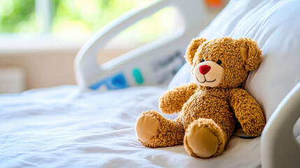 teddy bear sits on hospital bed, symbolizing comfort and care in healing environment. soft toy brings warmth and emotional support to children during their hospital stay