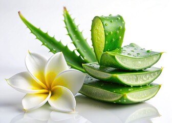 Spa Relaxation: Aloe Vera & Plumeria Blossoms on White Background