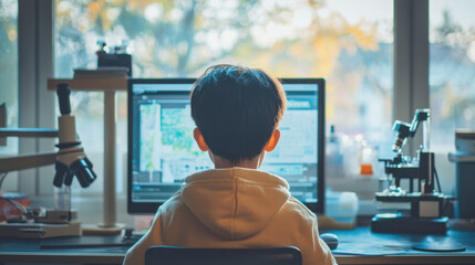 child focused on computer screen in bright workspace, surrounded by scientific equipment, showcasing curiosity and learning