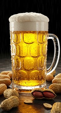 Beer in a transparent mug with foam and peanuts.