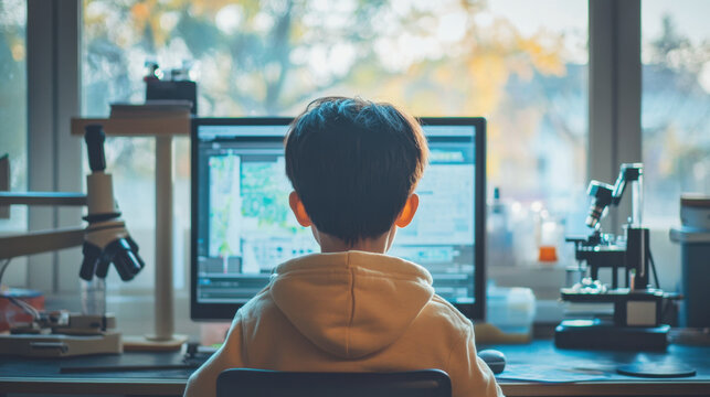 child focused on computer screen in bright workspace, surrounded by scientific equipment, showcasing curiosity and learning